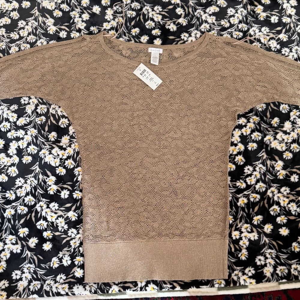 Cache Lightweight Gold Knit Metallic Top NWT $98 - Picture 2 of 12